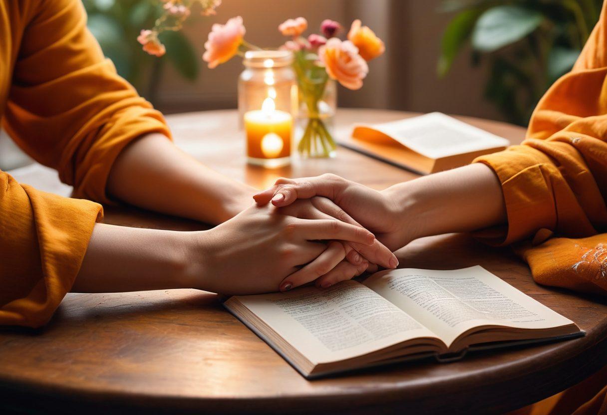 A serene and inviting setting with a diverse group of individuals engaging in a supportive conversation about intimacy. Emphasize elements of empowerment, such as open books, soft lighting, and warm colors. Include symbolic representations of connection, like intertwined hands and blooming flowers, to convey a sense of growth and understanding. The background should feature soft, abstract shapes to represent the complexity of relationships. super-realistic. warm colors. soft focus.
