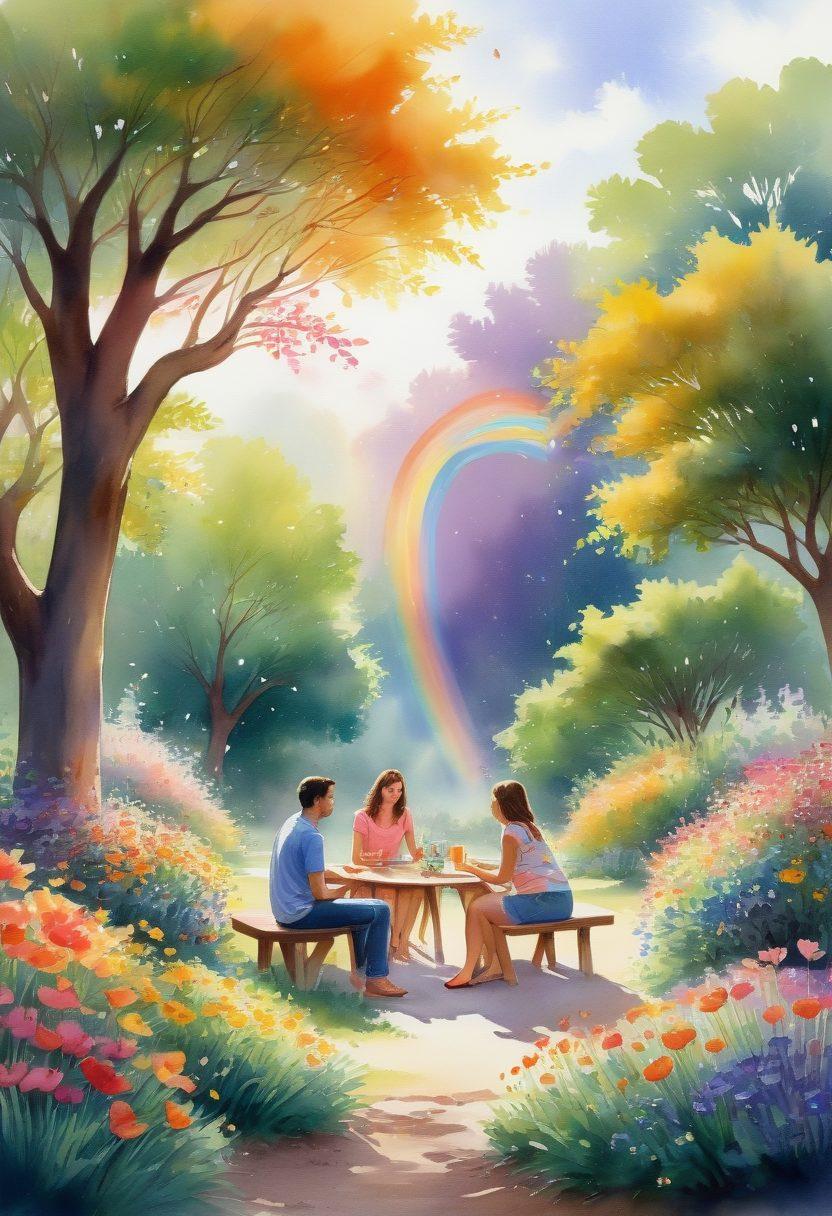 A harmonious scene depicting a diverse group of friends engaging in open conversation about relationships in a serene garden setting. Include symbols of safety, like a rainbow flag and heart shapes in the background, and empowering elements such as blooming flowers and sunlight breaking through trees. The atmosphere should convey a sense of trust and understanding. watercolor, bright colors, soft focus.