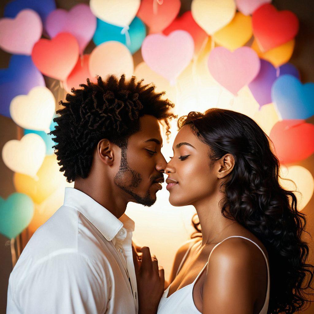 A serene and warm scene depicting a diverse couple engaging in tender moments, surrounded by soft, flowing colors representing emotional connection. Include symbols of communication like speech bubbles and hearts, illustrating tools for intimacy. Create a peaceful atmosphere with soft lighting and gentle textures. Conveys both emotional and sexual satisfaction through warmth and connection. super-realistic. vibrant colors. soft focus.